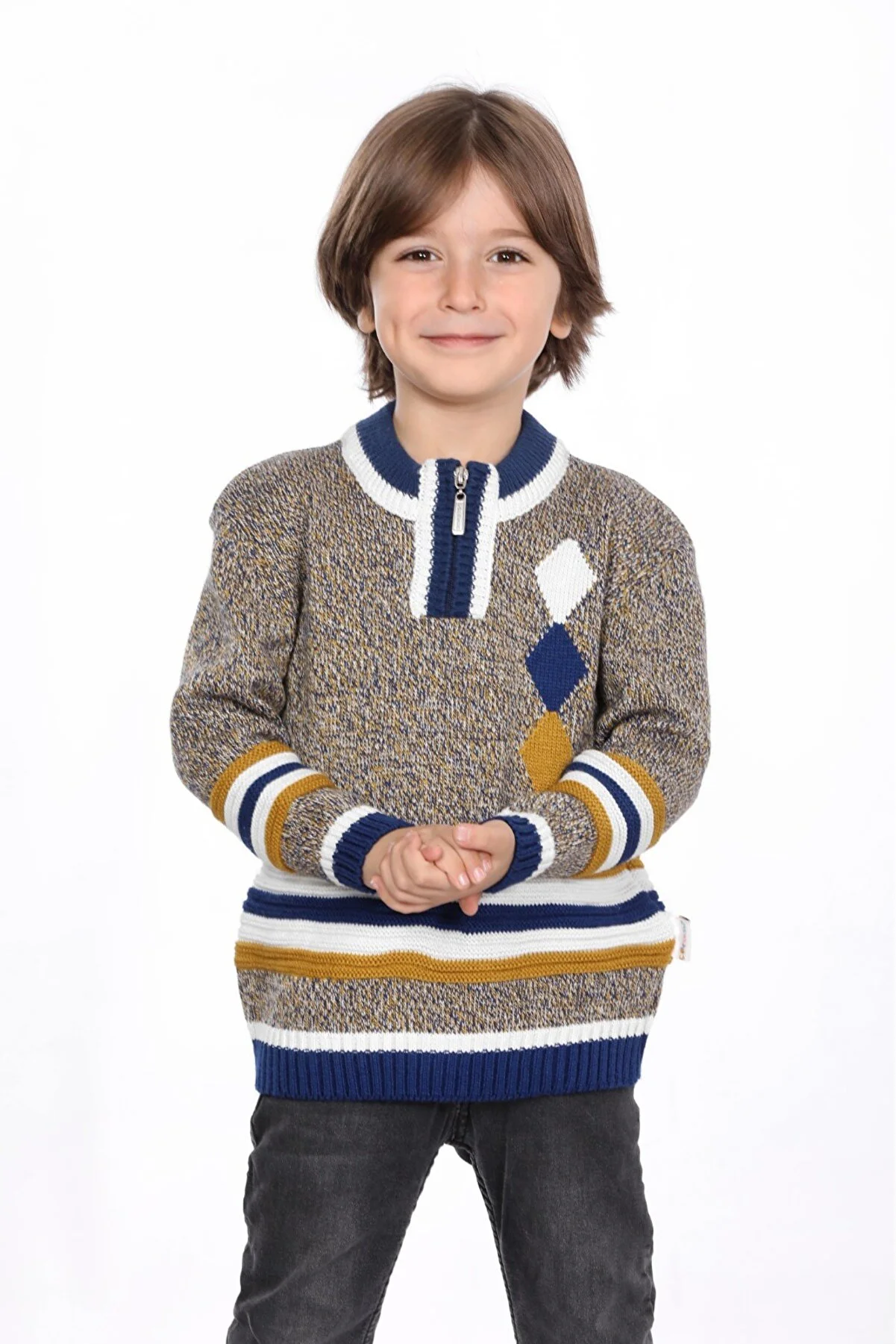 Erkek Çocuk Linyis Örgü Regular Fit Hakim Yaka Fermuarlı Tüylenmez Triko Kazak