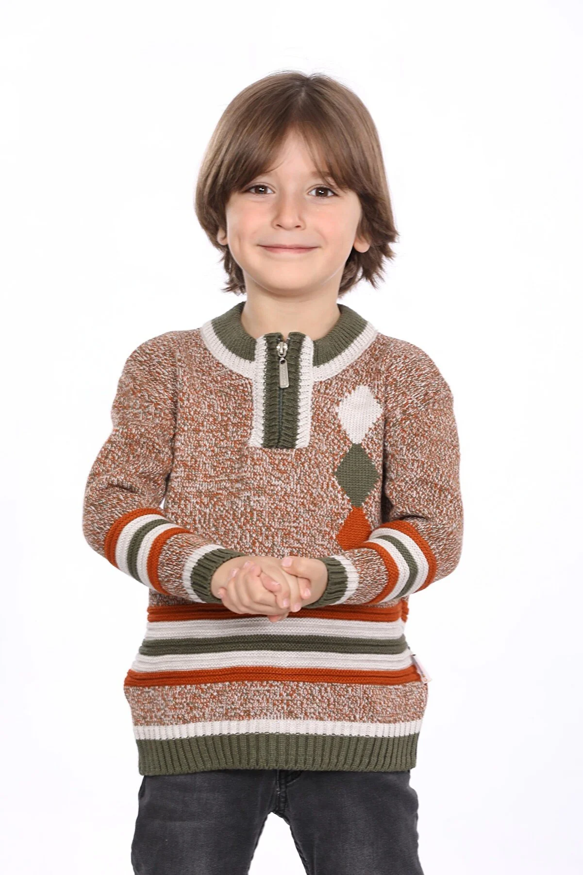 Erkek Çocuk Linyis Örgü Regular Fit Hakim Yaka Fermuarlı Tüylenmez Triko Kazak