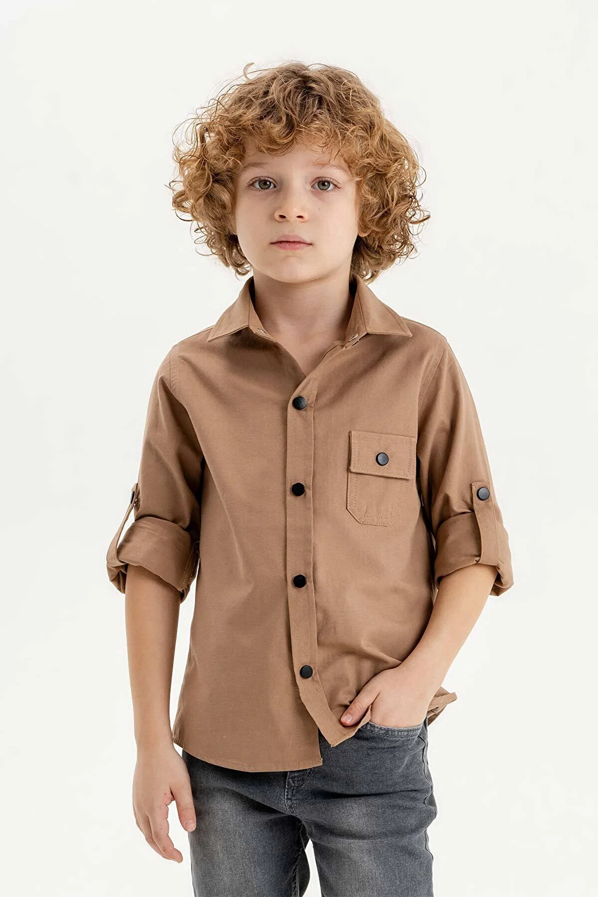 Cepli Katlanabilir Kol Erkek Çocuk Gömlek